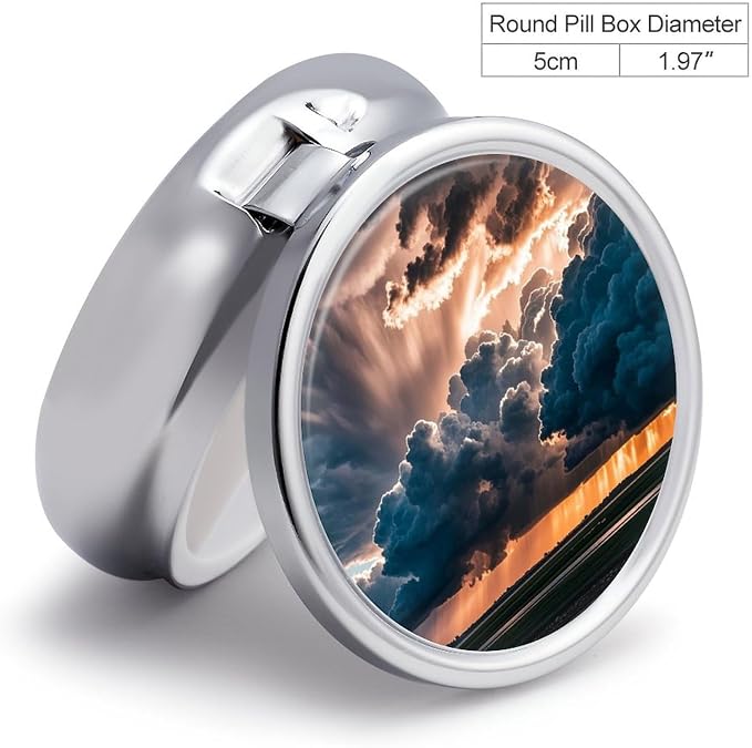 3 Compartment Medicine Pill Case, Magnificent Rainstorm Cloud Round Pill Box, Portable Decorative Medicine Organizer for Pocket Or Purse Vitamin Organize