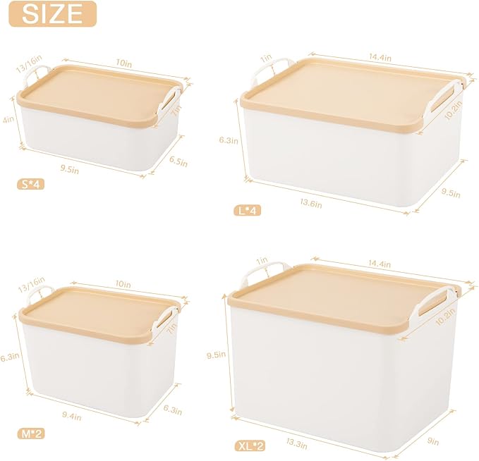 ANMINY White Plastic Storage Bins Baskets with Lids, 12-Pack, 2XL+4L+2M+4S | Large Plastic Bins, Sturdy PET, with Handles, Stackable, Opaque Storage Boxes, for Closet Shelves Desk, Wheat Lids