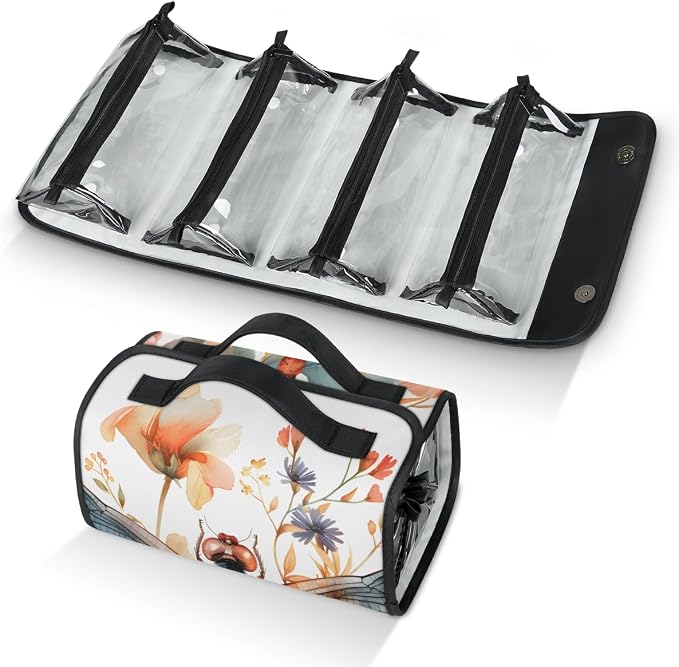 Flower Dragonfly Makeup Bag for Women Hanging Roll-Up Travel Organizer Toiletry Kit with 4 Removable Compartments, Floral Dragonflies