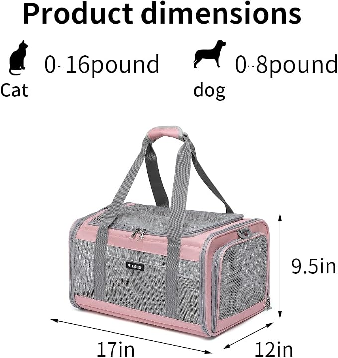 Airline Approved Pet Carrier for Cats and Small Dogs, Breathable and Collapsible Design, Portable Travel Bag for Bearded Dragon, Puppies Animal Hangbag, Rabbit Cage (Pink, Small)