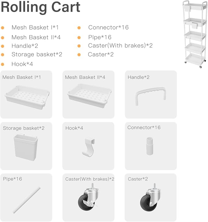 5 Tier Rolling Utility Cart with Handle,REBECAT Utility Cart Made of Multifunctional Storage Organizer Tool for Kitchen,Bathroom,Living Room,Office(White)