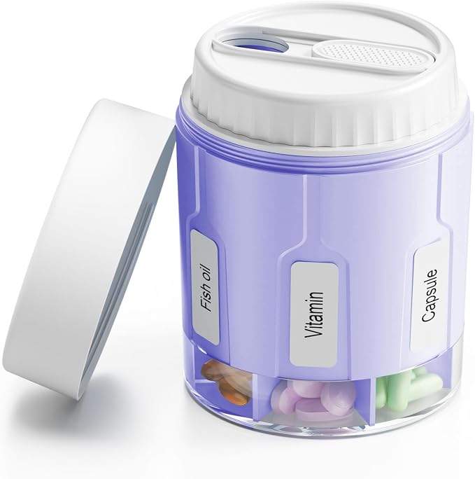 Daviky Pill Bottle Organizer, 7 Large Compartments, Travel Pill Dispenser | Seven large compartments organize daily pills, vitamins and supplements, with dual lids for convenient storage and travel