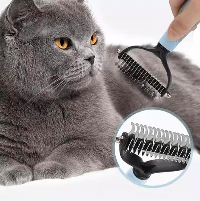 Pet Grooming Rake - Double-Sided Dematting Tool for Dogs & Cats - Extra-Wide Undercoat Rake for Long Hair Animals - Effective Deshedding Comb - Ergonomic Handle Included