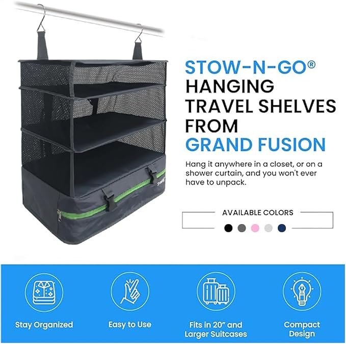 Stow-N-Go Portable Hanging Travel Shelves, Packing Organizer for Luggage. Carry on Closet for Clothes. Expandable Packing Cube. Travel Essentials. Dak Gray - XL
