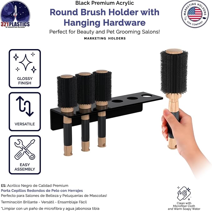 Marketing Holders Hanging Acrylic Brush Organizer 6 Holes Hardware Included Black Acrylic Wall Mount Multi Slot Rack 1 Piece for Professional Stylists Barbers and Dog Groomers