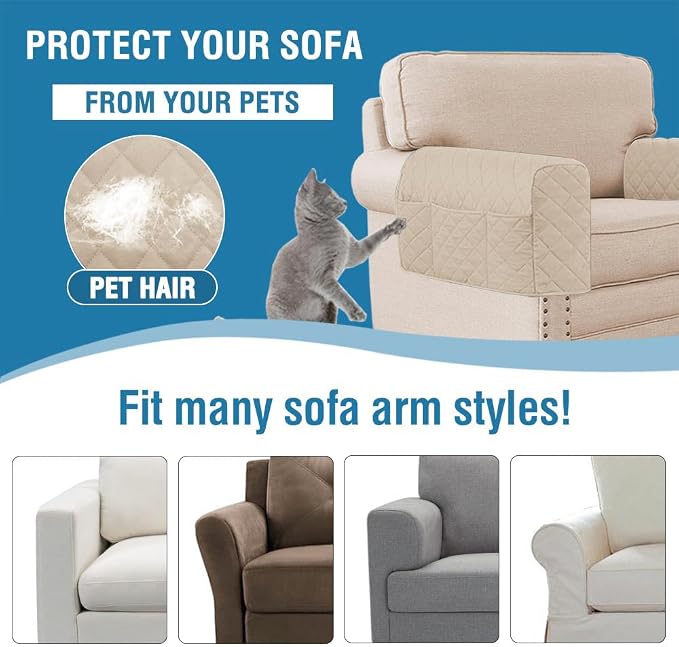2 Pack Water Resistant Armrest Covers for Chairs and Sofas Couch Arm Covers for Sofa with 3 Pockets for Phone Sofa Arm Protector for Pets, Cats (Apricot)