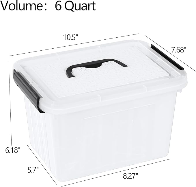 6 Quart Clear Plastic Storage Latching Boxes with Handle, 6 Packs | Small Organization Latch Tote Bin with Lids