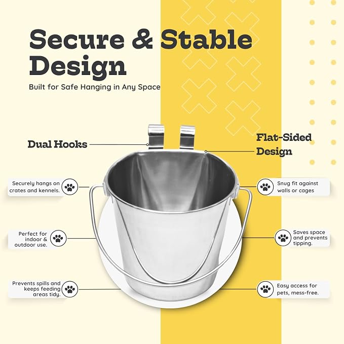 Stainless Steel Flat Side Bucket with Dual Hooks 2 Quart (0.5Gallon)– Heavy Duty Hanging Dog Water & Food Bowl Kennel, Cage & Crate, Durable Pet Pail for Dogs, Cats, Birds & Small Animals