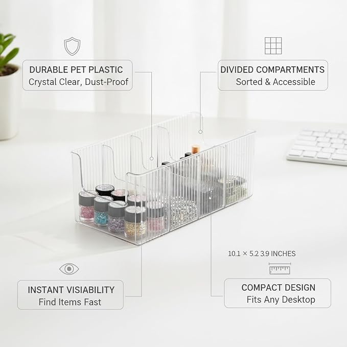 Storage Box with Compartments, Clear PET Plastic Organizer for Small Items, Desktop Bin for Nail Art and Hardware, 2L (1 PC)