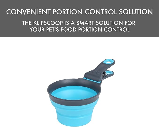 Dexas Popware for Pets Collapsible Klip Scoop, 3-in-1 Pet Food Scoop, Measuring Cup and Bag Clip, 1 Cup Capacity, Blue