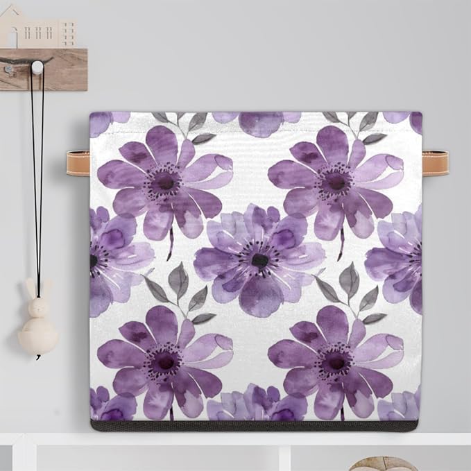 Purple Floral Cube Storage Bin, 13 Inch Collapsible Fabric Storage Cubes Bin, Watercolor Flower Leaves Wildflower Foldable Cube Baskets for Shelf, Closet, Organizer