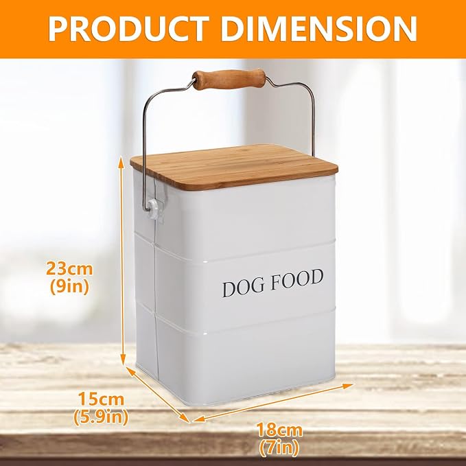 Morezi Metal Dog Food Storage Container 5~6 lbs, Pet Food Treat Canister | Airtight Dog Treat Food Storage Tin with Wooden Lid and Scoop- Powder Coated Carbon Steel- for Dry Dog Cat Food Kibble-White