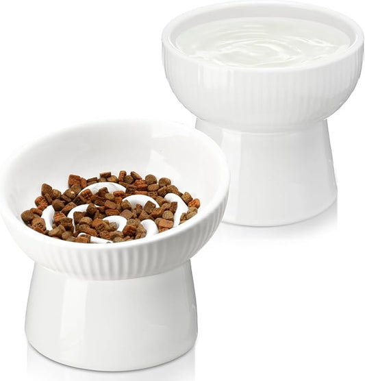 2 Pcs Cat Slow Feeder Bowl, Raised Ceramic Cat Slow Feeder Bowl, Elevated Cats Dog Food Bowls High Edge, Anti Vomiting for Pets Kitten Puppies Dry Wet Food and Water, Dishwasher Safe