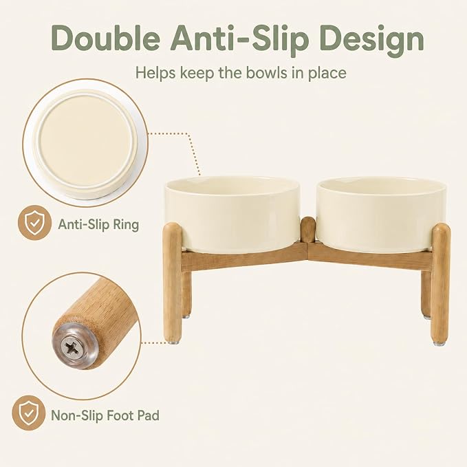 Havniva Ceramic Dog Bowls Elevated, Raised Dog Food Bowl for Medium Dogs | 7.3” Elevated Dog Bowls, Non-Slip Wood Stand, Dog Food and Water Bowl Set, Dog Feeding Dish, Large Capacity Pet Water Bowl