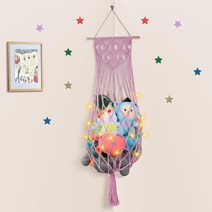 63 Inch Stuffed Animal Hammock Corner,Macrame Toy Plushie Net,Pink | Wall Ceiling Over Door Hanging Net for Stuffed Animals,Stuffy Storage Display w/ Star Lights,Nursery Playroom Kid Room Decor