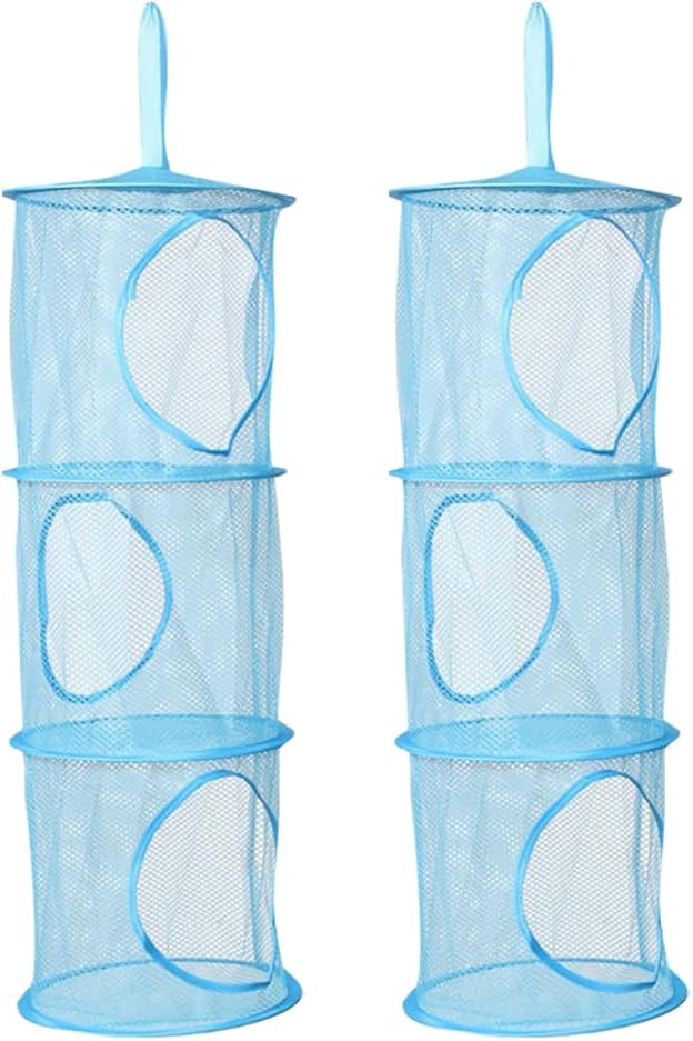 GSHLLO 2 Pcs Toy Storage Hanging Mesh 3 Compartment Organizer Net Stuffed Animal Hammock Foldable Organizing Baskets Clothes Hanger Organizer Bag for Room Bathroom Closet Blue