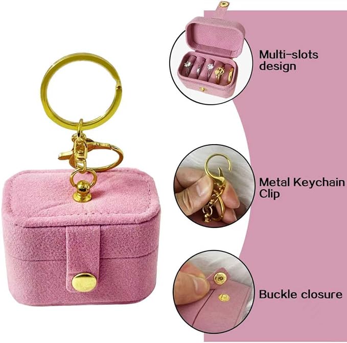 Small Wedding Ring Bearer Pillow Box for Dog Collar, Velvet Travel Mini Jewelry Holder Pouch Bridesmaid Gifts , Multi-Slots Earrings Storage Case for Women Girls, Pocket Size Necklaces Organizer(Pink)