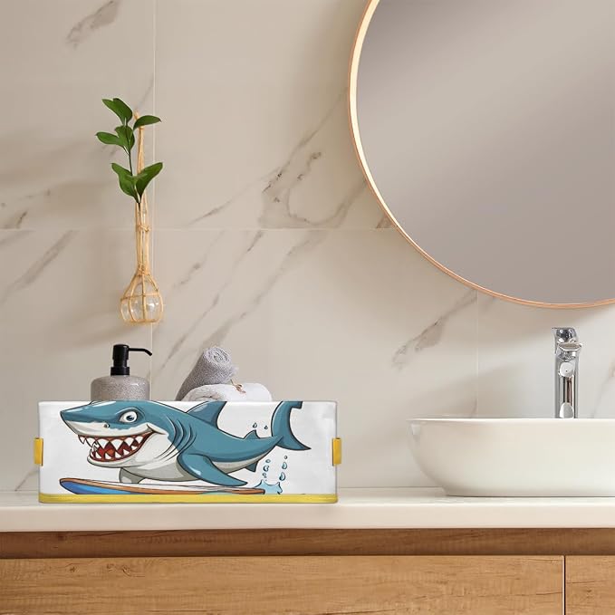Shark Surfing Cartoon Blue Bathroom Storage Basket, Foldable with Handle Open Countertop Paper Towel Decorative Box, Toilet Tank Top Shelf Baskets for Home Closet Bedroom Living Room Office