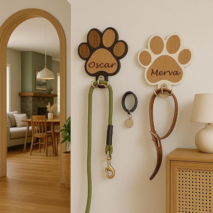 Personalized Wooden Paw Print Pet Leash Holder - Custom Name Engraved Dog Collar & Leash Wall Hook, Decorative Entryway Organizer for Pet Owners