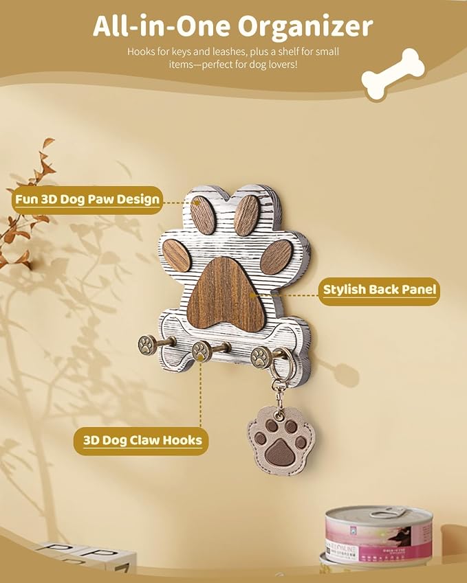 MTERSN Pine Wood Dog Leash Holder for Wall - Dog Lover Gift, White | 3 Wall Hook, Unique Dog Paw Shape, 3D Dog Leash Hooks for Keys, Rustic Accent for a Cute Dog Corner, Apartment Wall Decor