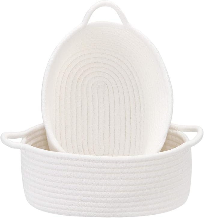 Sea Team 2-Pack Compact Woven Cotton Rope Storage Baskets, White | Knitted Decorative Organizer Bins with Handles, Portable Oval Containers for Small Items, Keys, Makeup, Jewelry, Trinkets
