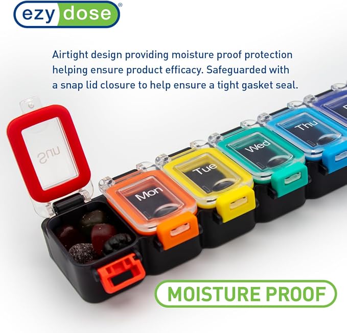Ezy Dose Weekly (7-Day) Pill Organizer, Medicine Planner, Rainbow/Black | Daily Vitamin & Supplement Case, Waterproof Locking Compartments to Secure Prescription Medication, Travel-Friendly, BPA-Free