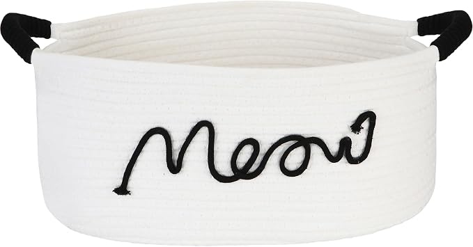 Sea Team Cat Toy Storage Basket with Handles, White Meow | Large Cotton Rope Storage Bin, Shelf Basket, Organizer for Pet Chew Toys, Foods, 16.5 x 11 x 7 Inches, 4.4 Gallons