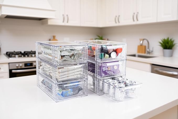 6 Pack Clear Stackable Storage Drawers, 3.95" H Easily Assemble Acrylic Organizer Bins - Multi-Use for Make up, Closet, Pantry, Bathroom, Medicine, Kitchen Cabinet & Undersink Organization