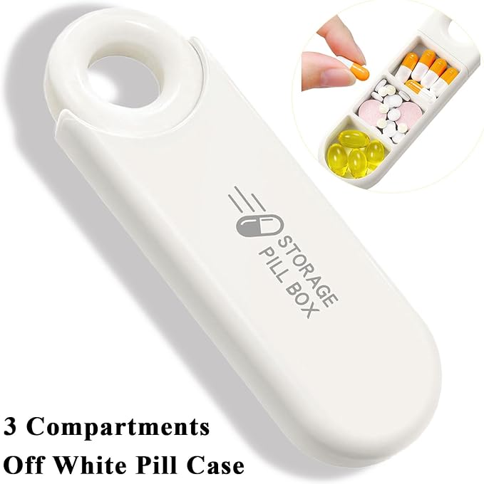 Daily Travel Pill Case, Cute Medicine Planner Case with Pull Tab | 3-Tray Small Daily Pill Case Vitamin Organizer Box, for Medication, Meds, Capsule, Fish Oil, Tablets, Antibiotics, White