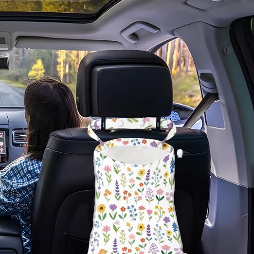 Flower Branches Strap Drawstring Car Trash Bag Hanging Garbage Bag with Snap Buttons Car Back Seat Trash Storage Portable Dustbin Vehicle Trash Can Bag for Vehicle Travel Camping