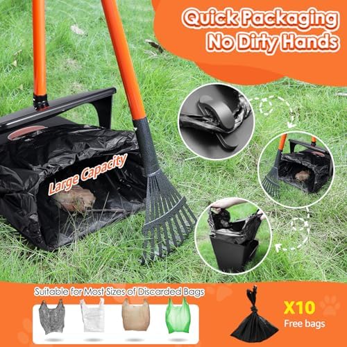 SlowTon Dog Pooper Scooper, 37.4" Long Handle Poop Scoop for Large Dogs | Adjustable, Portable, Non Breakable, with 10 Waste Bags, Swivel Large Bin & Rake & Spade Kit, for Gravel Lawn Grass