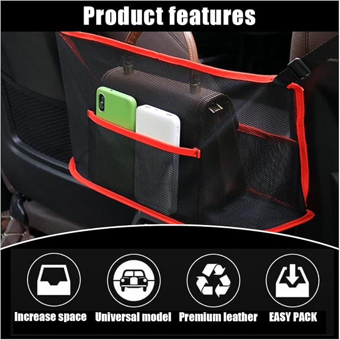 GLSOWEE Handbag Holder for Car, Auto Net Pocket Purse Holder Between Front Seats, Storage Organizer, Universal Accessories for Women and Men, Pet/Kids Barrier (Red)