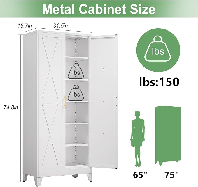 Ckzbx 75" H Metal Kitchen Pantry Storage Cabinet with Doors and Adjustable Shelves for Kitchen, Living Room, Dinning Room (White)