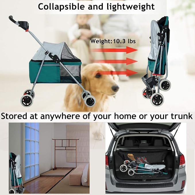 Dog Stroller Pet Stroller Cat Strollers Jogger Folding Travel Carrier Durable 4 Wheels Doggie Cage with Cup Holders 35Lbs Capacity Waterproof Puppy Strolling Cart for Small-Medium Dogs, Cats - Teal