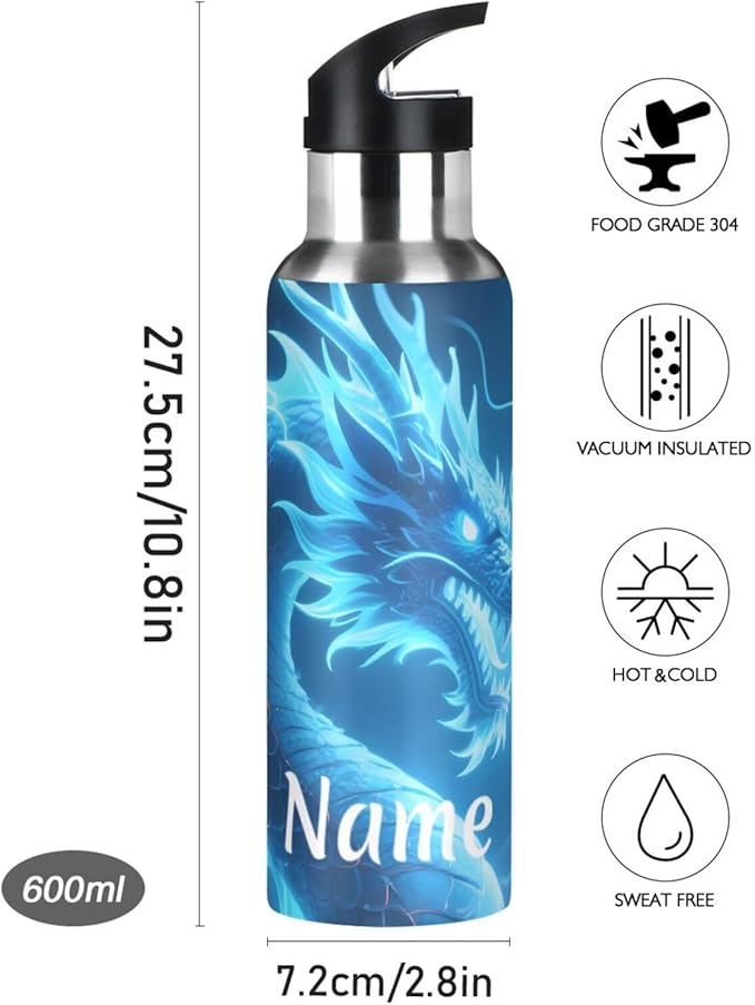 Custom Name Dragon Blue Lightning Water Bottle with Straw Lid Kids Insulated Stainless Steel Water Flask Sports, 20 Oz Hot Cold