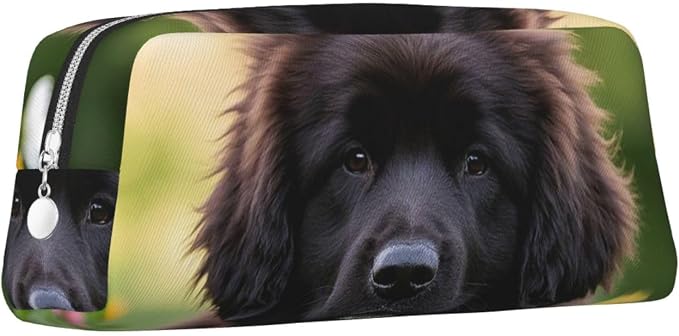 PU Leather Pencil Case Cosmetic Pencil Bags Makeup Pouch with Zipper | Cute Pet Newfoundland Dog Pen Pouch Portable Cosmetic Organizer Bag For Office Woman Man