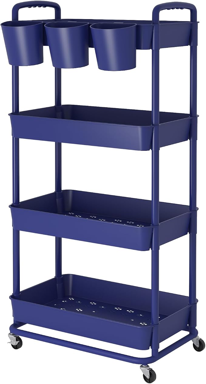 4-Tier Plastic Rolling Storage Cart Utility Cart Blue | Utility Cart with Extra Hanging Cups Arc-Shaped Handles Lockable Wheels for Living Room Bathroom Kitchen Office