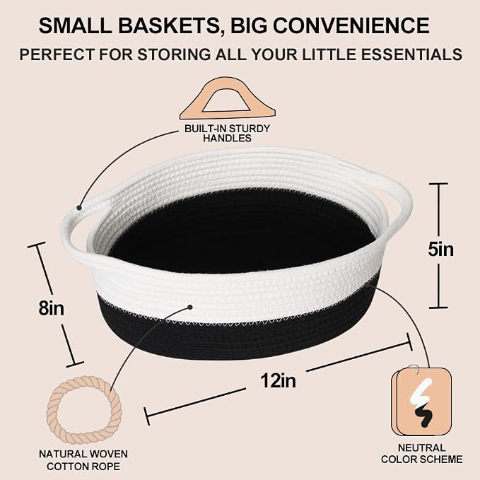 Woven Cotton Rope Gift Basket, Small Baskets for Gifts Empty, Cute Baby Nursery Basket, Pet Toy Storage Bin for Dog Cat, Decorative Wicker Home Organizer with Handles, 12"x 8"x 5", Black