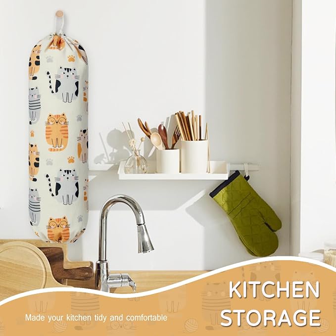 Plastic Bag Holder, Reusable Grocery Bag Holder for Plastic Bags Groceries Store, Flower Canvas Trash Plastic Bag Organizer Storage Holders for Home Kitchen Pantry Decor (Pretty Cat)