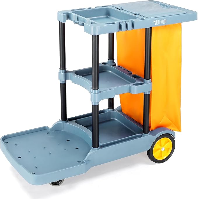 TUFFIOM Extra Large Commercial Traditional Cleaning Janitorial 3-Shelf Cart, 500 Lbs Housekeeping Cart, 42.5" L x 18.7" W x 37.6" H, Wheeled with 22 Gallon Yellow Vinyl Bag and Cover w lid, Blue