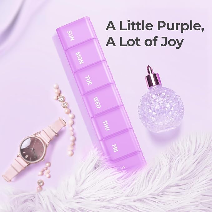 AUVON Weekly Pill Organizer with Effortless Opening Design, BPA-Free | Arthritis Friendly Pill Box, Cute Pill Organizer 7 Day, Portable Pill Case for Vitamins, Supplements and Medications, Purple