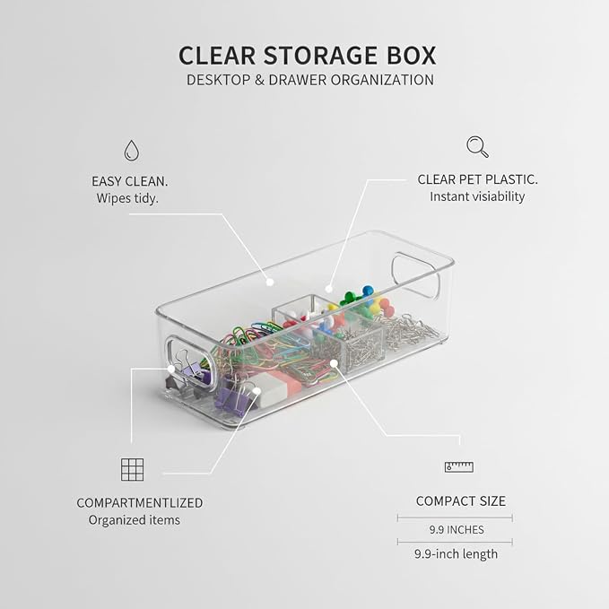 Fits Standard Drawers and Vanities: Clear PET Storage Box with Dividers for Small Items, 9.9 x 3.8 x 2.9 Inches