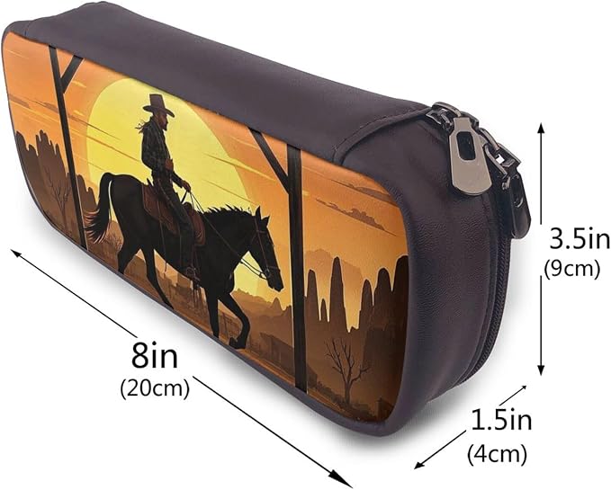 Leather Pen Case with Zipper - Aesthetic Pen Holder Cowboy Riding Ranch Desert Pencil Case for Women & Men - Handcrafted Pencil Bag Multi-Functional Travel Cosmetic Case for Work Office Tool Pouch