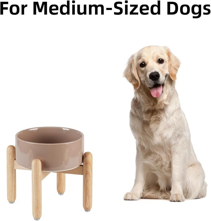 Havniva Ceramic Dog Bowls Elevated, Raised Dog Food Bowl for Medium Dogs | 7.3” Elevated Dog Bowls, Non-Slip Wood Stand, Dog Food and Water Bowl Set, Dog Feeding Dish, Large Capacity Pet Water Bowl