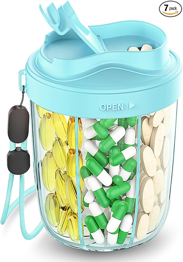 Large Pill Dispenser to Store 7 Various Supplements - Pill Organizer & Supplement Organizer for Travel, Anti-Mixing Design, with Strap & 20 Sticky Labels (Blue)