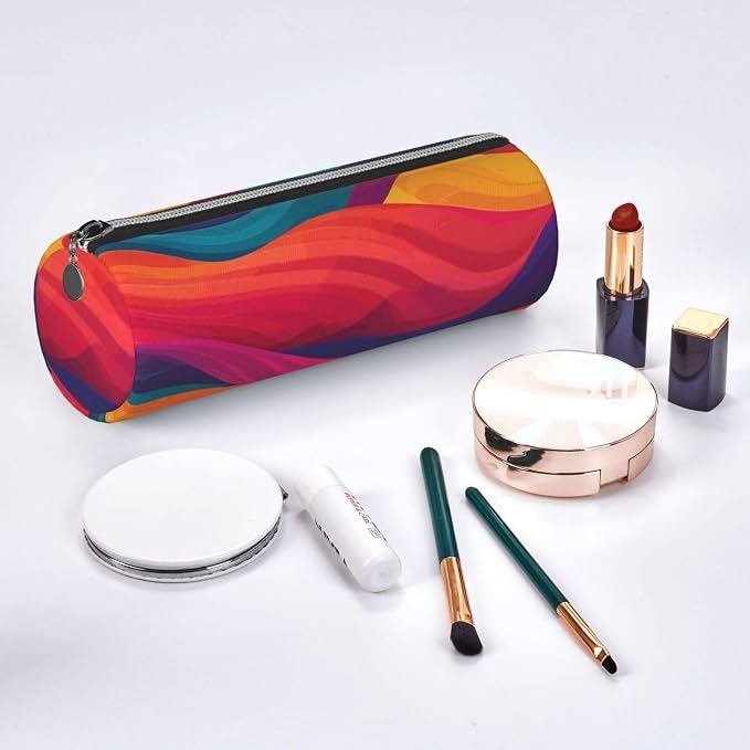 OSAM SPACE Leather Pencil Case Round Pencil Bag Colorful Waves Pen Organizer Holder Portable Zipper Pouch Cute School Supplies for Girls Boys Study Office