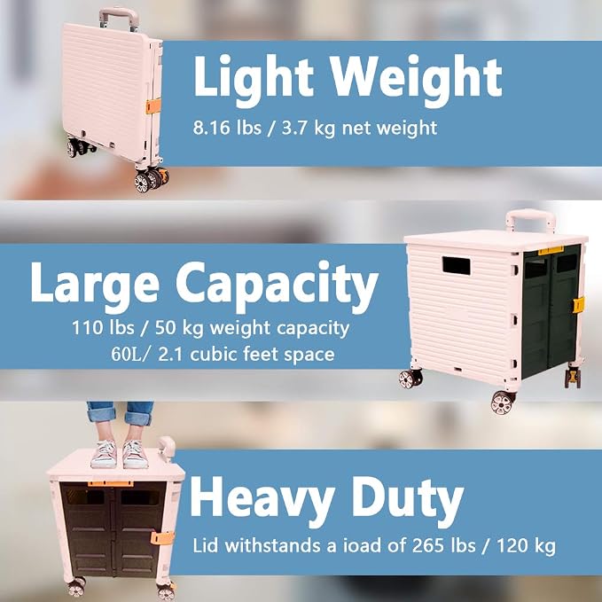 FELICON SELORSS Foldable Utility Cart Folding Portable Rolling Crate-Pink | Durable,Heavy Duty,Plastic Box,Telescoping Handle,4 Rotate Wheels,Collapsible Handcart for Travel Shop Move Luggage Office