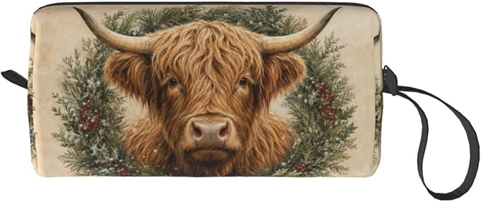 Highland Cow Evergreen Wreath Makeup Bag for Women, Cosmetic Pouch | Double-Sided Highland Cow Wreath Cosmetic Organizer with Foam Padding for Women, Travel, Gym, School, and Daily Storage
