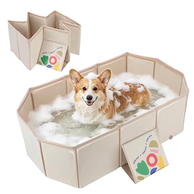 YUEPET Foldable Dog Bathtub, Pet Bath Tub for Small-Medium Dogs, White | Portable Dog Bath Tub, Drain Plug, Non-Slip PVC Bottom, Folds Flat for Storage, Shower Tub or Puppy Pool, Small Dogs and Cats