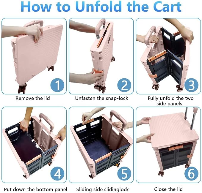 Foldable Utility Cart Portable Rolling Crate Handcart Shopping Trolley Collapsible 4 Rotate Wheels with Durable Heavy Duty Plastic Telescoping Handle for Travel Shopping Moving Storage Office Use